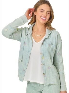 313. Light Mint Floral Embroidered Button-Up Jacket